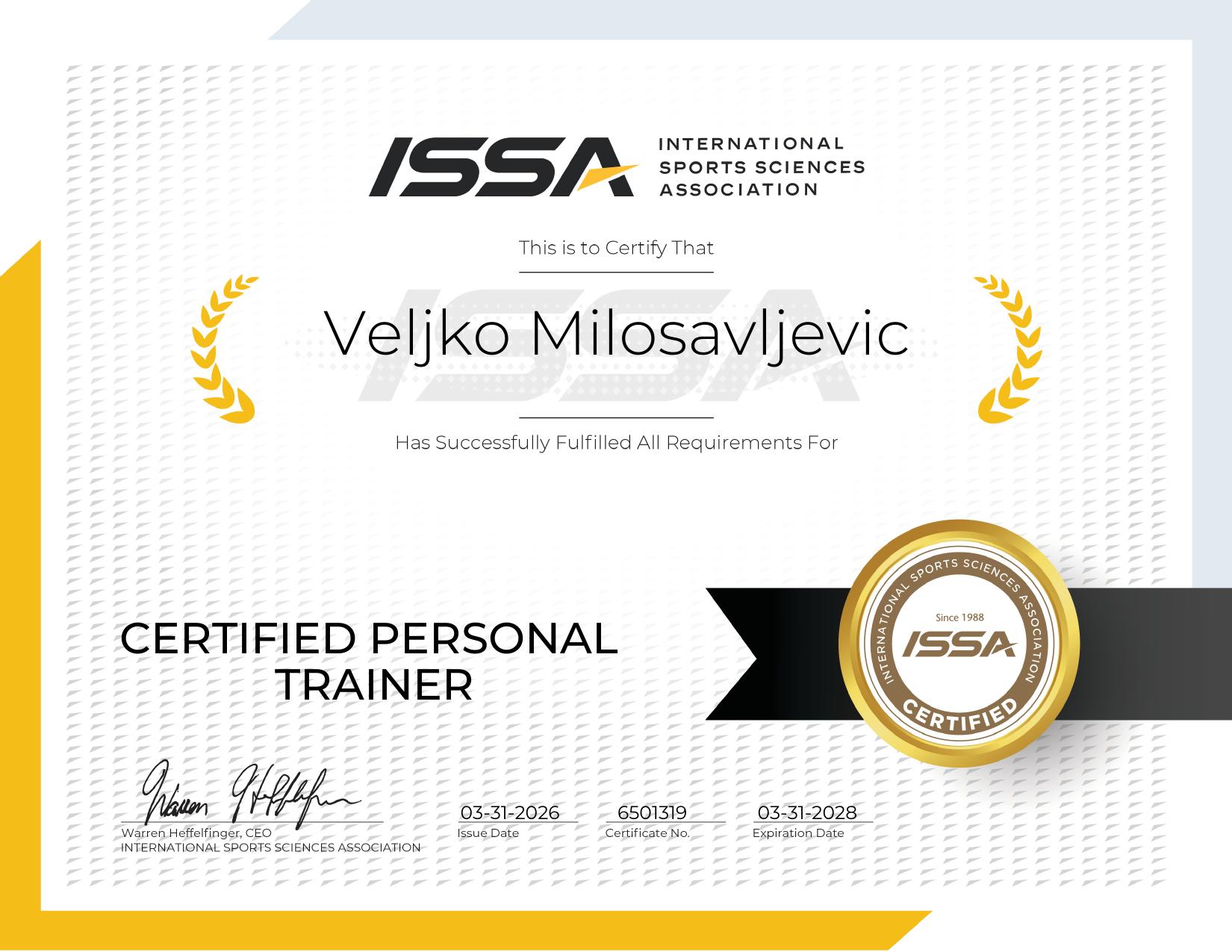 ISSA Certified Personal Trainer sertifikat